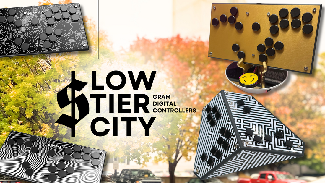 gram digital controllers low tier city dfw 2023 image with the GRAM PRISM and GRAM Slim controllers in front of a photo of fall leaves on trees in arlington texas